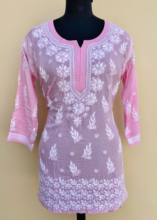 Lucknowi Chikankari Short Kurti Pink Modal Cotton