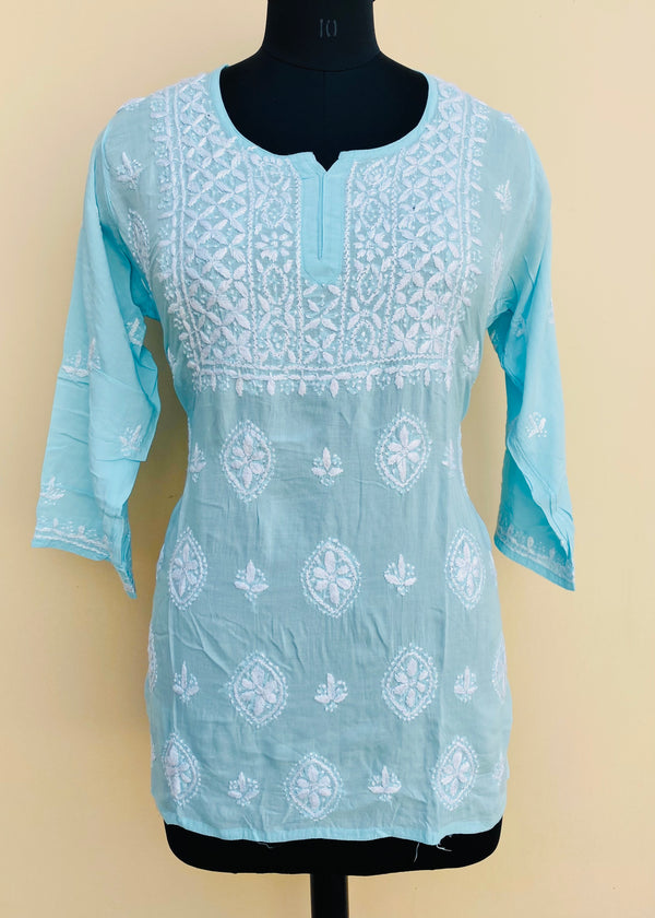 Lucknowi Chikankari Short Kurti Blue Modal Cotton