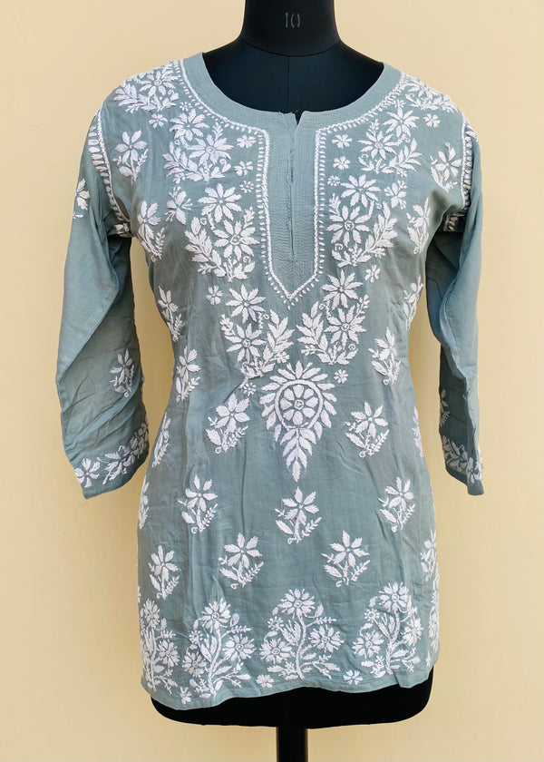 Lucknowi Chikankari Short Kurti Gray Modal Cotton