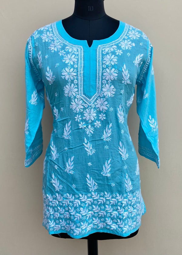 Lucknowi Chikankari Short Kurti Blue Modal Cotton