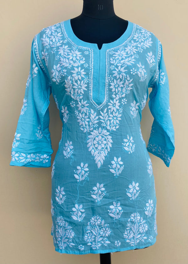 Lucknowi Chikankari Short Kurti Blue Modal Cotton