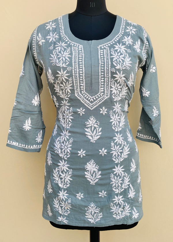 Lucknowi Chikankari Short Kurti Gray Modal Cotton