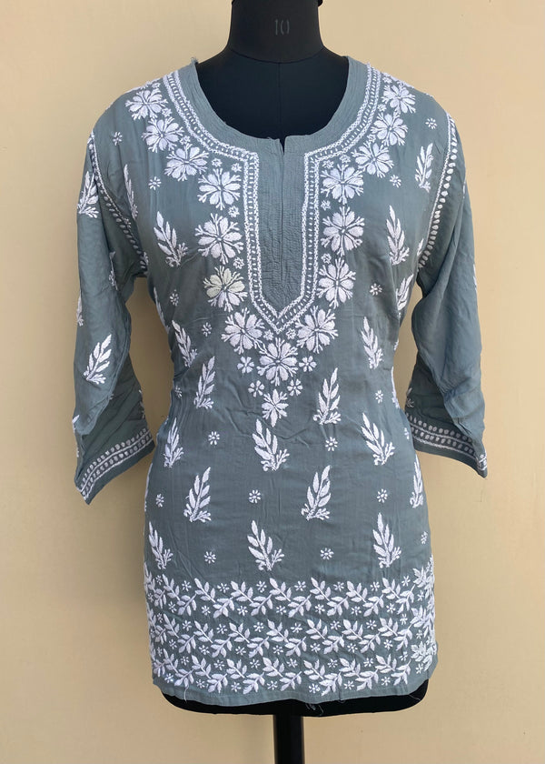 Lucknowi Chikankari Short Kurti Gray Modal Cotton