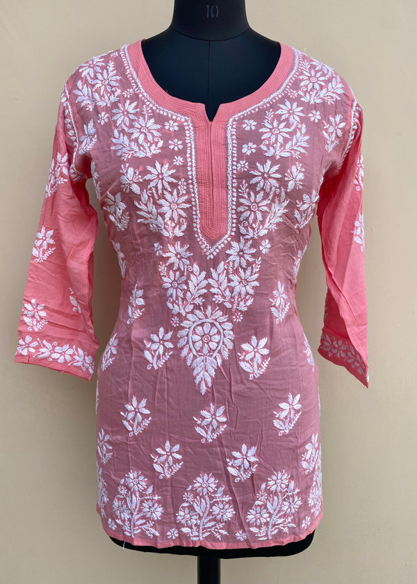 Lucknowi Chikankari Short Kurti Pink Modal Cotton