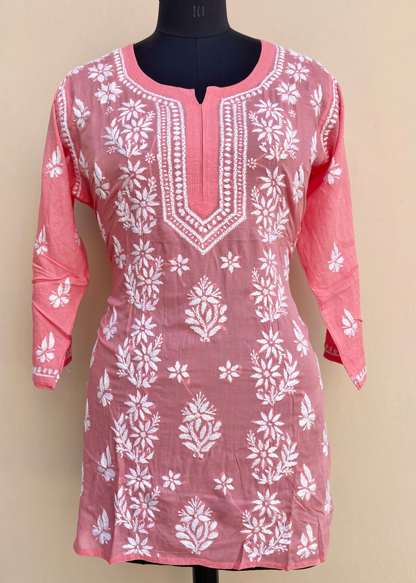 Lucknowi Chikankari Short Kurti Pink Modal Cotton