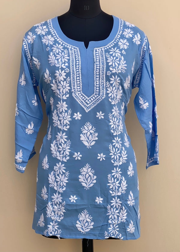 Lucknowi Chikankari Short Kurti Blue Modal Cotton