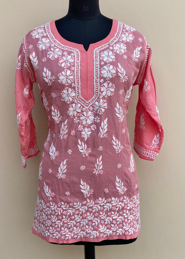 Lucknowi Chikankari Short Kurti Pink Modal Cotton