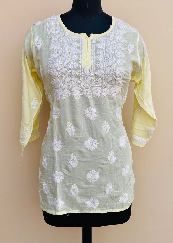 Lucknowi Chikankari Short Kurti Lemon Yellow Modal Cotton