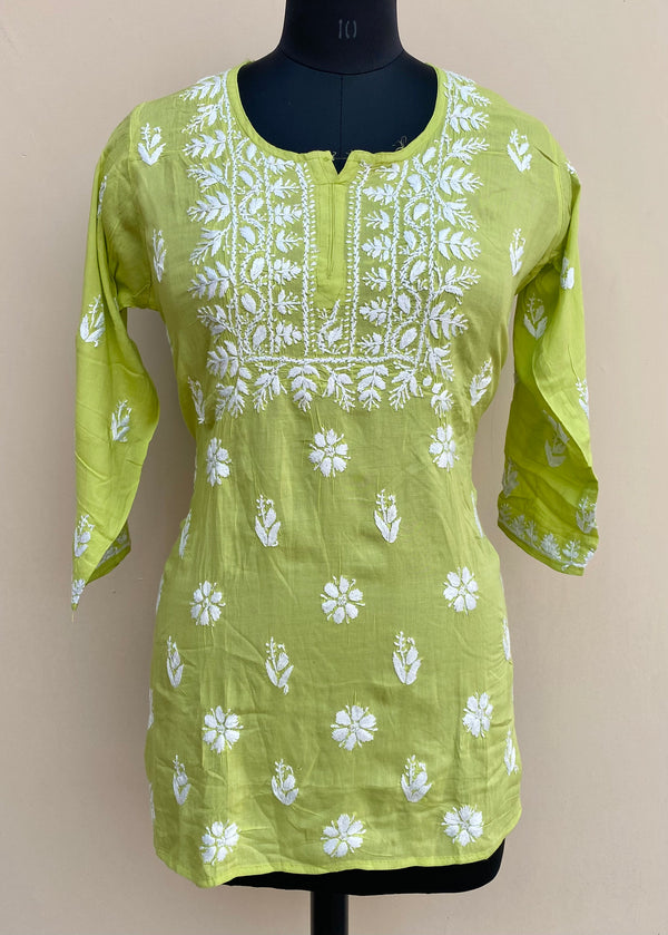 Lucknowi Chikankari Short Kurti Green Modal Cotton