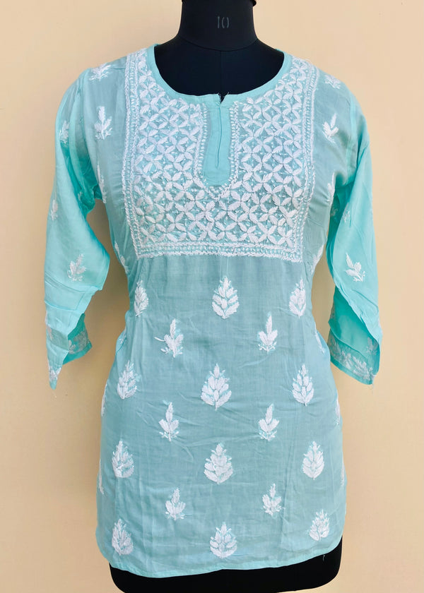 Lucknowi Chikankari Short Kurti Blue Modal Cotton