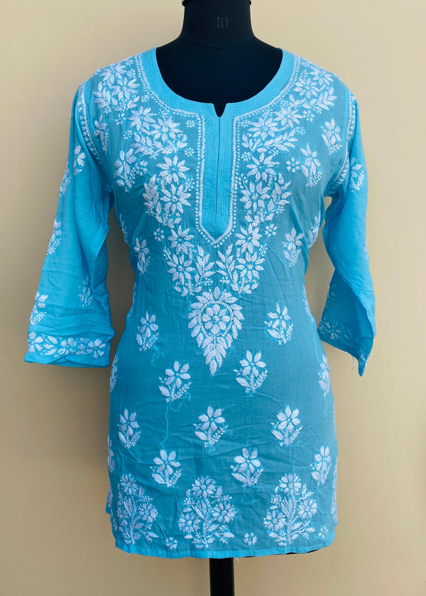 Lucknowi Chikankari Short Kurti Blue Modal Cotton