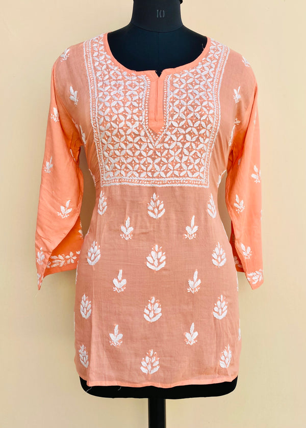 Lucknowi Chikankari Short Kurti Peach Modal Cotton