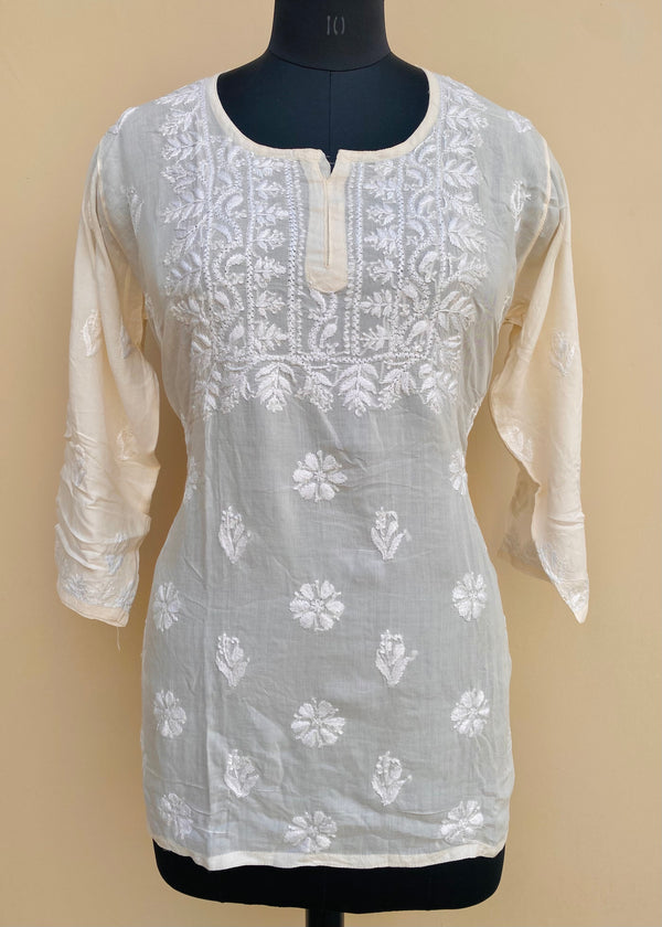 Lucknowi Chikankari Short Kurti Off White Modal Cotton