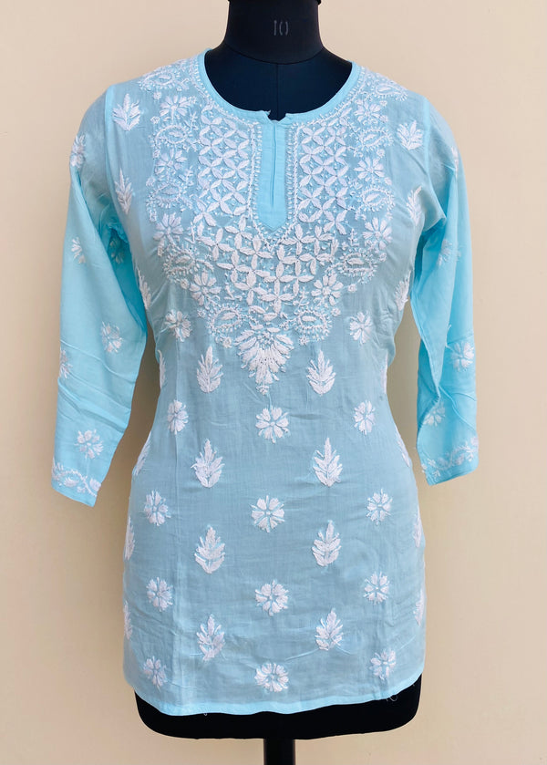 Lucknowi Chikankari Short Kurti Blue Modal Cotton