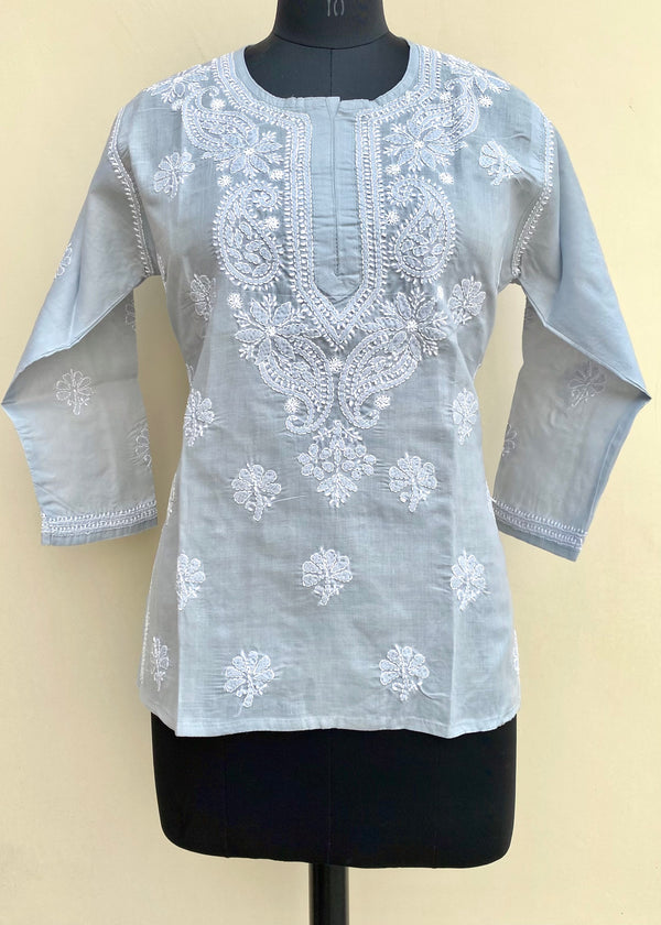 Lucknowi Chikankari Short Kurti Gray Cotton