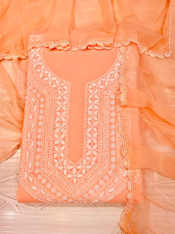 Lucknowi Chikankari Suit Length 3 Piece Peach Cotton