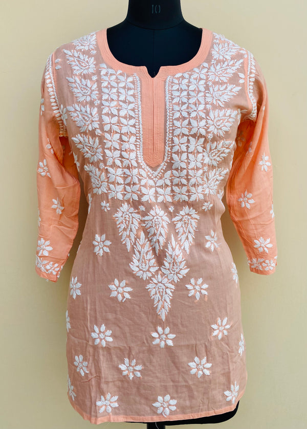 Lucknowi Chikankari Short Kurti Peach Modal Cotton