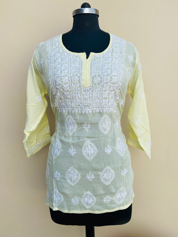 Lucknowi Chikankari Short Kurti Lemon Yellow Modal Cotton