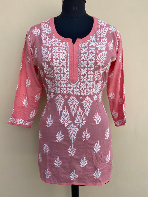 Lucknowi Chikankari Short Kurti Pink Modal Cotton