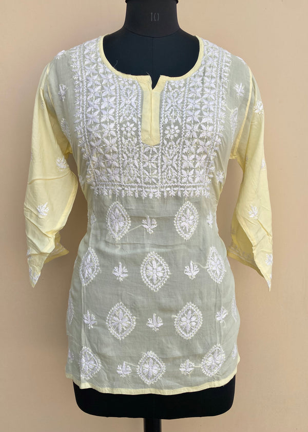 Lucknowi Chikankari Short Kurti Lemon Yellow Modal Cotton