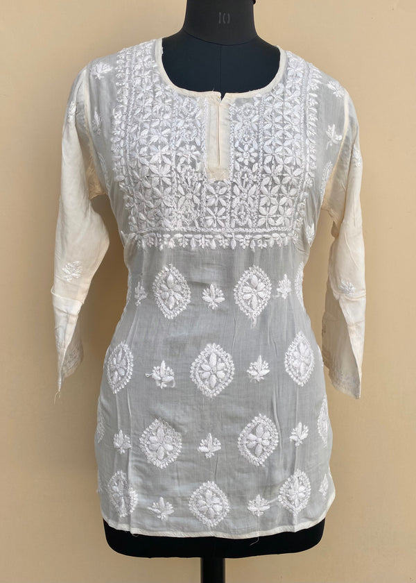 Lucknowi Chikankari Short Kurti Cream Modal Cotton