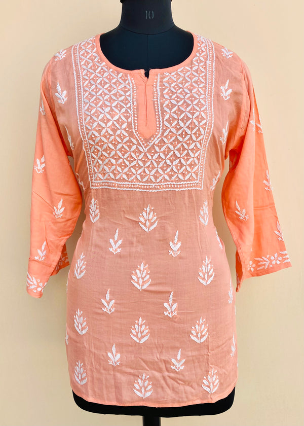 Lucknowi Chikankari Short Kurti Peach Modal Cotton