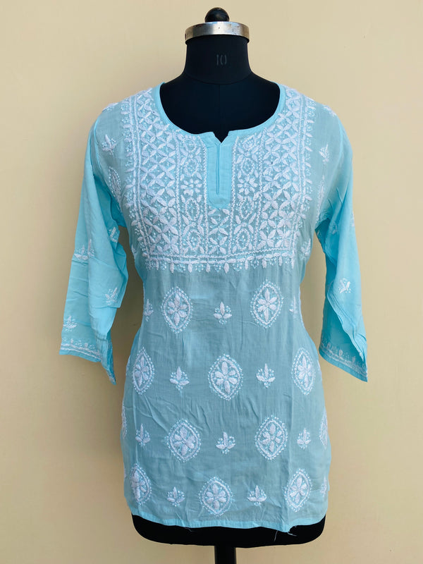 Lucknowi Chikankari Short Kurti Blue Modal Cotton