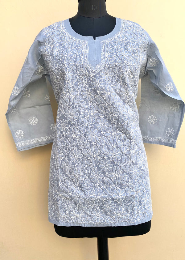 Lucknowi Chikankari Short Kurti Gray Cotton