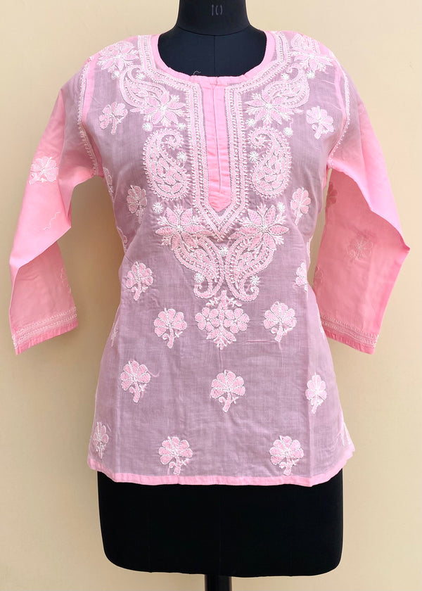 Lucknowi Chikankari Short Kurti Pink Cotton