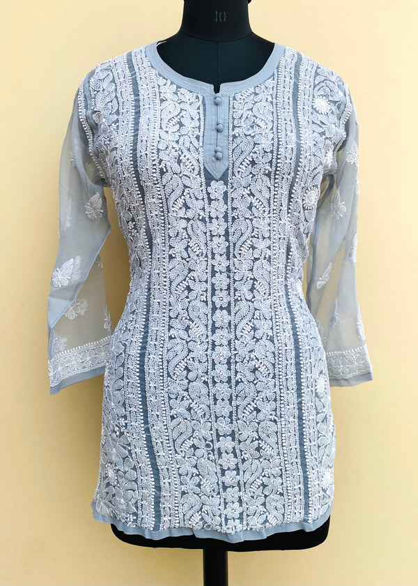 Lucknowi Chikankari Short Kurti Gray Faux Georgette