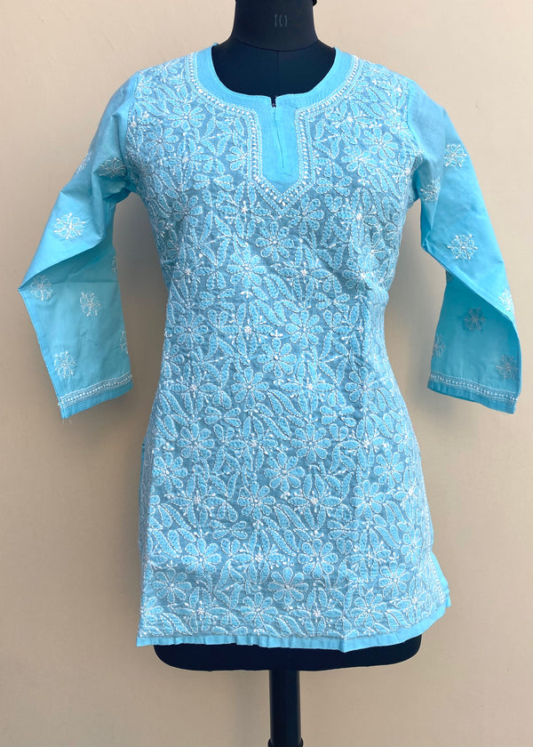 Lucknowi Chikankari Short Kurti Blue Cotton