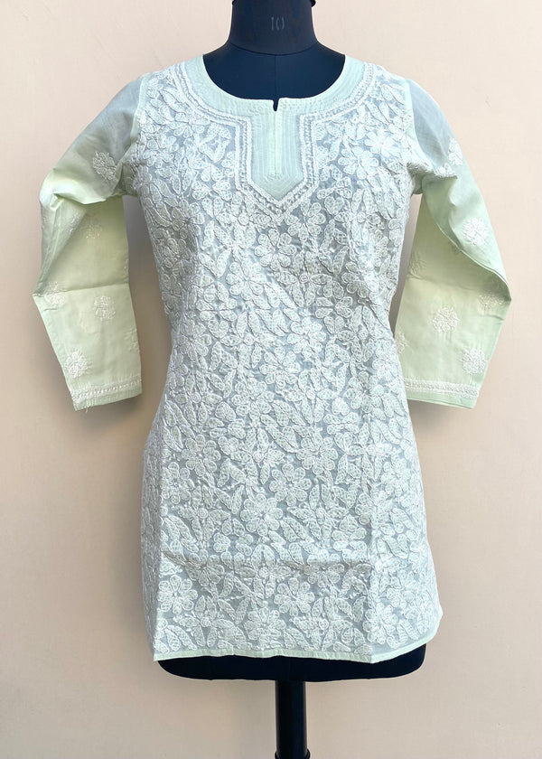 Lucknowi Chikankari Short Kurti Pista Green Cotton