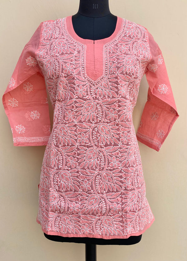 Lucknowi Chikankari Short Kurti Pink Cotton