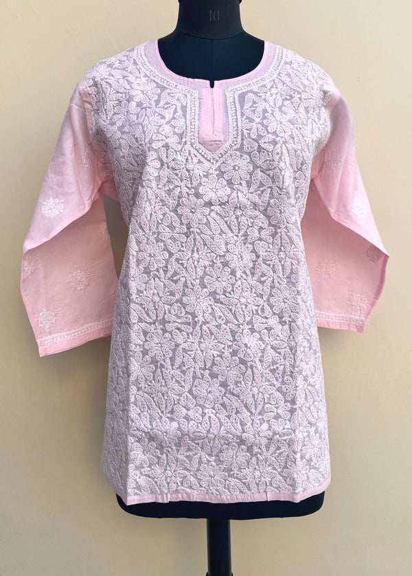 Lucknowi Chikankari Short Kurti Pink Cotton