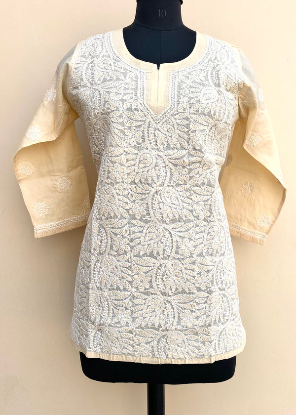 Lucknowi Chikankari Short Kurti Beige Cotton