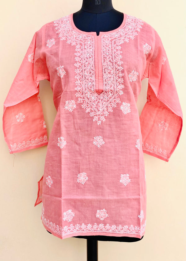 Lucknowi Chikankari Short Kurti Pink Cotton