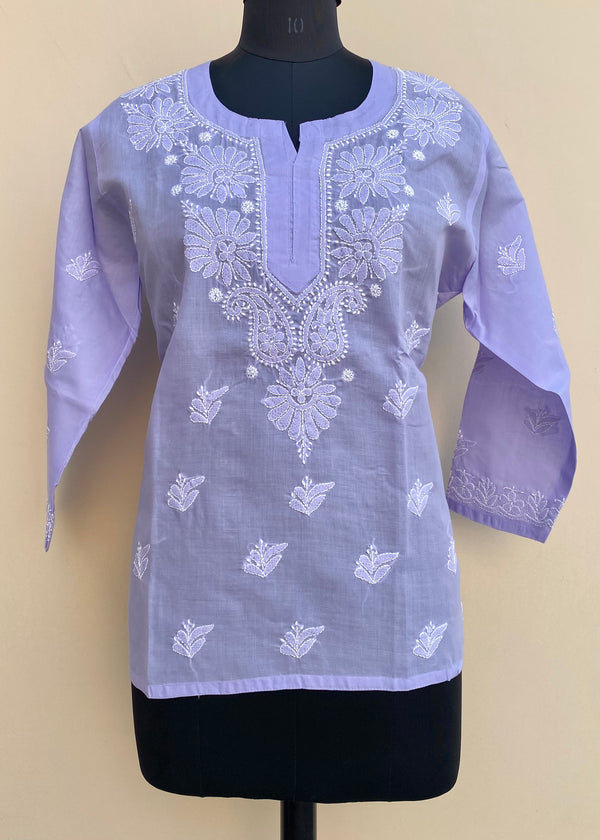 Lucknowi Chikankari Short Kurti Purple Cotton