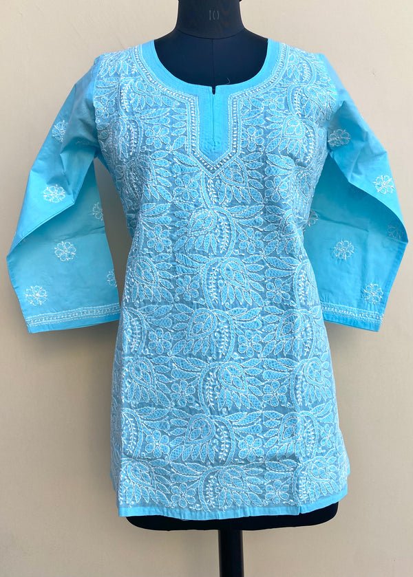 Lucknowi Chikankari Short Kurti Blue Cotton