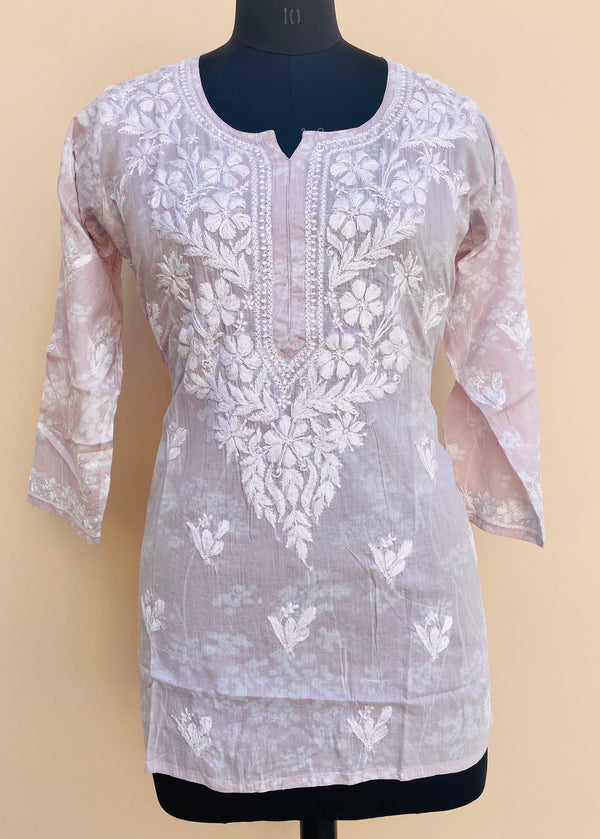 Lucknowi Chikankari Printed Short Kurti Purple Mulmul Cotton