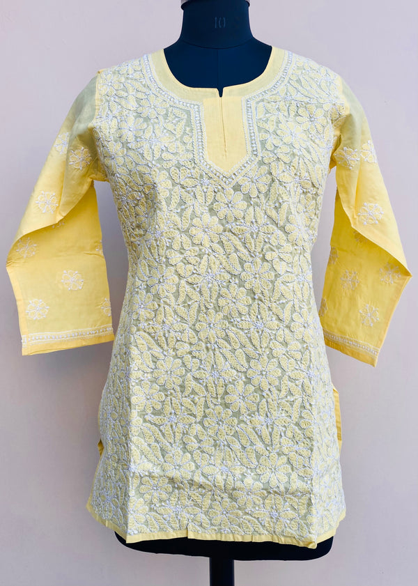 Lucknowi Chikankari Short Kurti Yellow Cotton