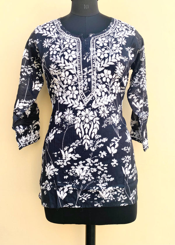 Lucknowi Chikankari Printed Short Kurti Black Mulmul Cotton