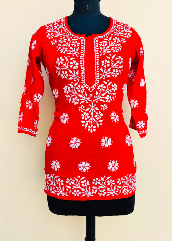 Lucknowi Chikankari Short Kurti Red Modal