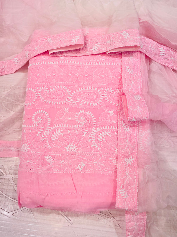 Lucknowi Chikankari Suit Length 3 Piece Pink Cotton With Jaali Work