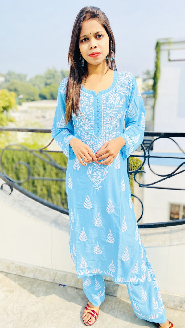 Lucknowi Chikankari Co-ord Sets Blue Modal Cotton