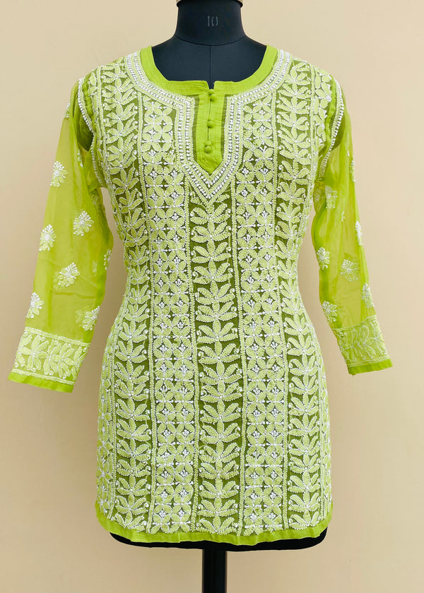 Lucknowi Chikankari Short Kurti Green Faux Georgette