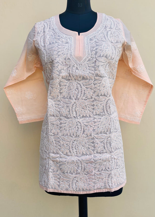 Lucknowi Chikankari Short Kurti Peach Cotton