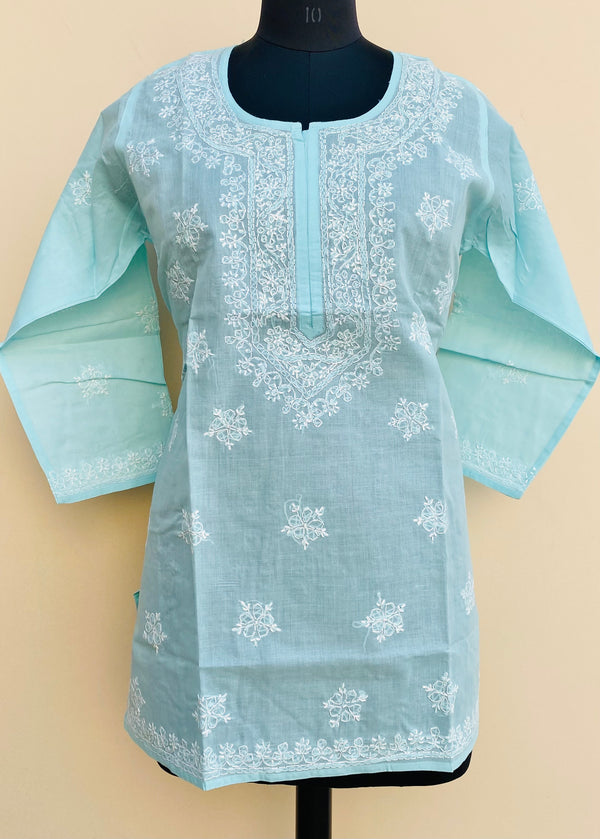 Lucknowi Chikankari Short Kurti Blue Cotton