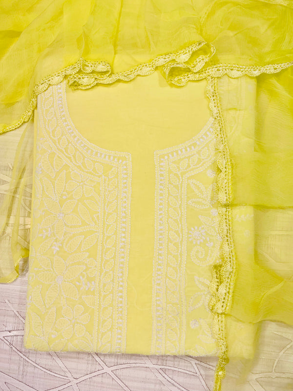 Lucknowi Chikankari Suit Length 3 Piece Lemon Yellow Cotton