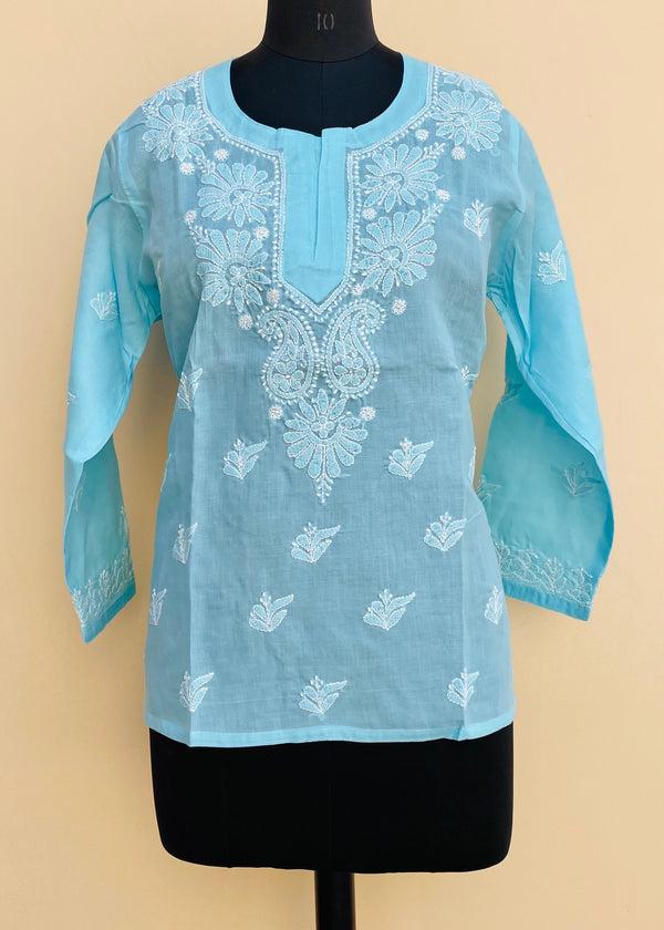 Lucknowi Chikankari Short Kurti Blue Cotton