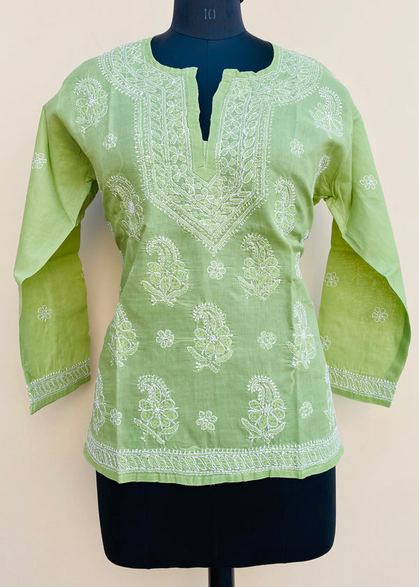 Lucknowi Chikankari Short Kurti Pink Green Cotton